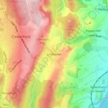 Mapa topográfico Littledean, altitud, relieve