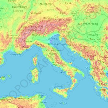 Mapa topográfico Italia, altitud, relieve