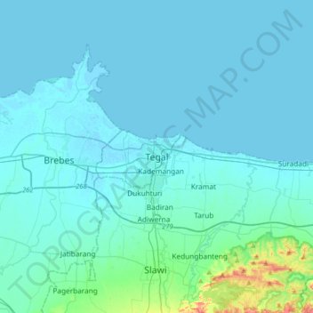 Mapa topográfico Tegal, altitud, relieve