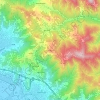 Mapa topográfico Montigiano, altitud, relieve