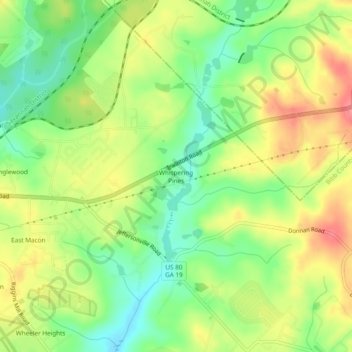 Mapa topográfico Whispering Pines, altitud, relieve