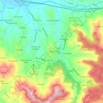 Mapa topográfico Arnal, altitud, relieve