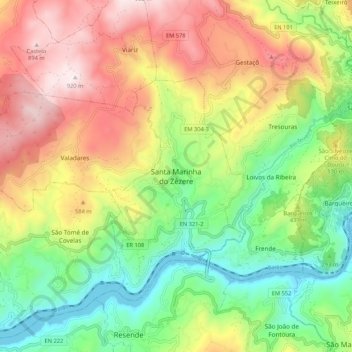 Mapa topográfico Santa Marinha do Zêzere, altitud, relieve