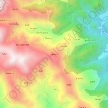 Mapa topográfico Jakhani, altitud, relieve