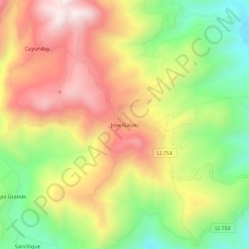 Mapa topográfico Jose Galvez, altitud, relieve