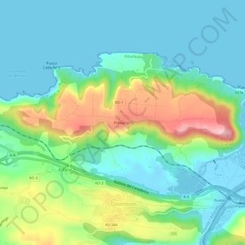 Mapa topográfico Pimiango, altitud, relieve