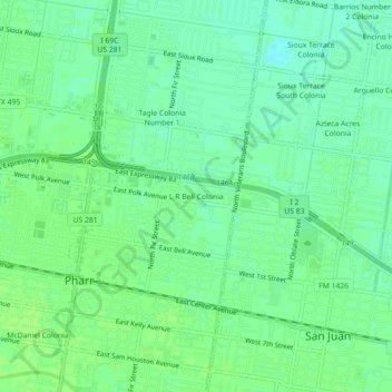Mapa topográfico L R Bell Colonia, altitud, relieve
