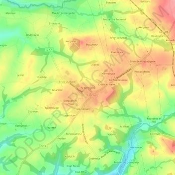 Mapa topográfico Ty Kermarec, altitud, relieve