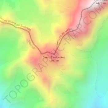 Mapa topográfico Cerro Penitentes, altitud, relieve