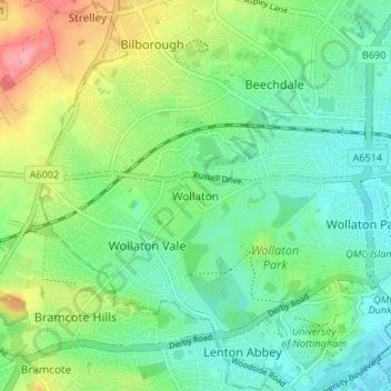 Mapa topográfico Wollaton, altitud, relieve