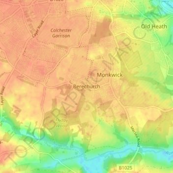 Mapa topográfico Berechurch, altitud, relieve
