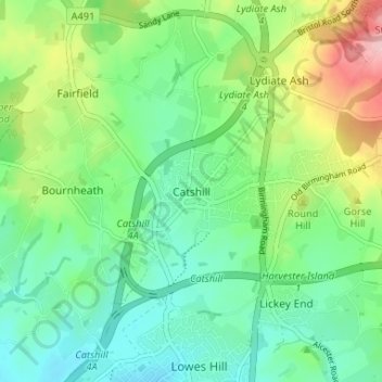 Mapa topográfico Catshill, altitud, relieve