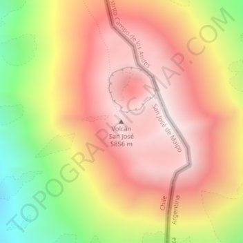 Mapa topográfico Volcán San José, altitud, relieve