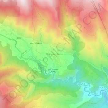 Mapa topográfico Molitg-les-Bains, altitud, relieve
