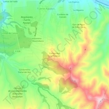 Mapa topográfico Comunidad Los Peumos, altitud, relieve