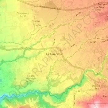 Mapa topográfico La Guácima, altitud, relieve
