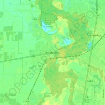 Mapa topográfico Mooroopna, altitud, relieve