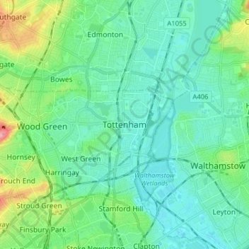 Mapa topográfico Tottenham, altitud, relieve