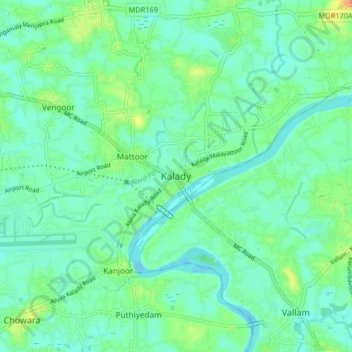 Mapa topográfico Kalady, altitud, relieve