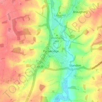 Mapa topográfico Puckeridge, altitud, relieve