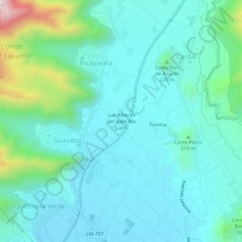 Mapa topográfico Las Riberas del Valle Río Lurín, altitud, relieve