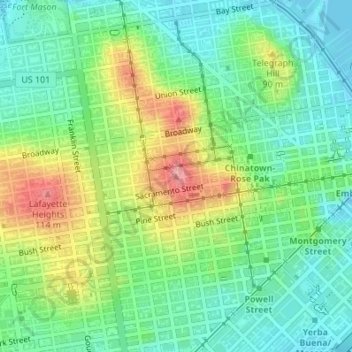 Mapa topográfico Nob Hill, altitud, relieve