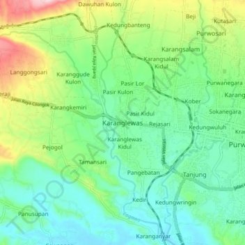 Mapa topográfico Karanglewas, altitud, relieve