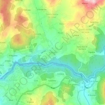 Mapa topográfico O Couso, altitud, relieve