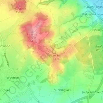 Mapa topográfico Boars Hill, altitud, relieve