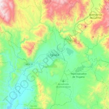 Mapa topográfico Iguala, altitud, relieve