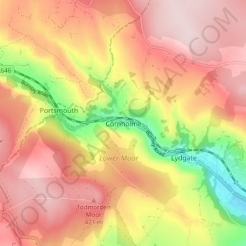 Mapa topográfico Cornholme, altitud, relieve