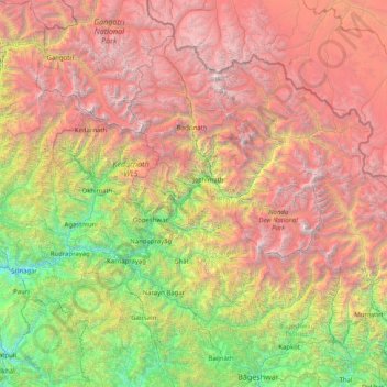 Mapa topográfico Chamoli, altitud, relieve