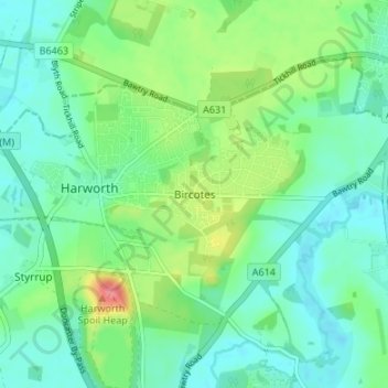 Mapa topográfico Bircotes, altitud, relieve