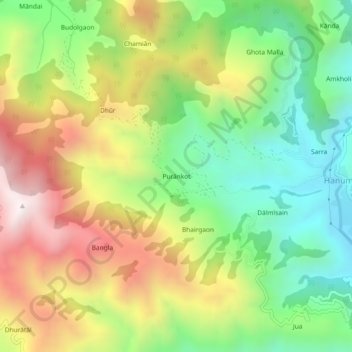 Mapa topográfico Purānkot, altitud, relieve