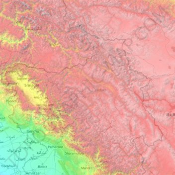 Mapa topográfico Jammu and Kashmir, altitud, relieve