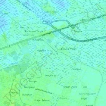 Mapa topográfico Sayung, altitud, relieve
