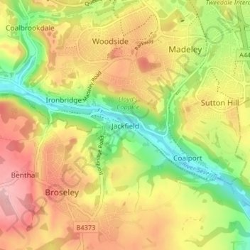 Mapa topográfico Jackfield, altitud, relieve