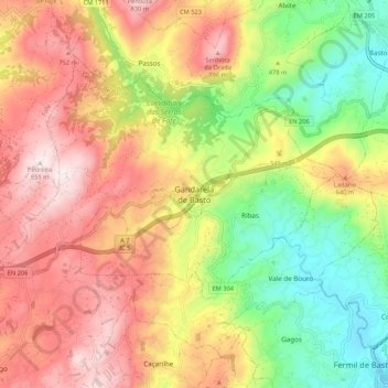 Mapa topográfico Gandarela de Basto, altitud, relieve