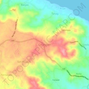 Mapa topográfico Cansilayan, altitud, relieve