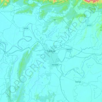Mapa topográfico Silchar, altitud, relieve