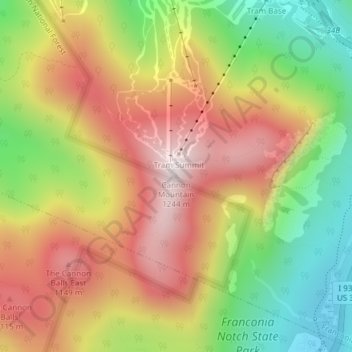 Mapa topográfico Cannon Mountain, altitud, relieve