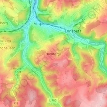 Mapa topográfico Homberge, altitud, relieve