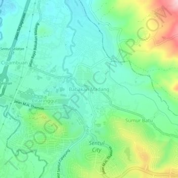 Mapa topográfico Babakan Madang, altitud, relieve