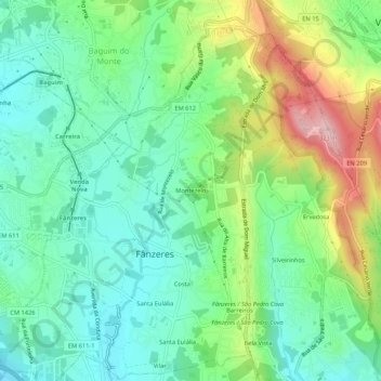 Mapa topográfico Montezelo, altitud, relieve