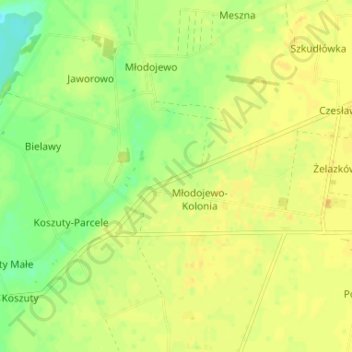 Mapa topográfico Młodojewo-Parcele, altitud, relieve