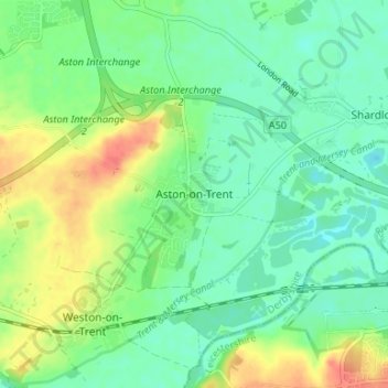 Mapa topográfico Aston-on-Trent, altitud, relieve