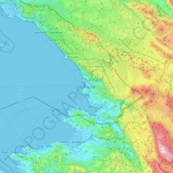 Mapa topográfico Trieste, altitud, relieve
