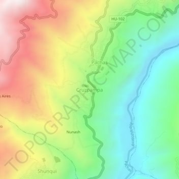 Mapa topográfico Cruzpampa, altitud, relieve