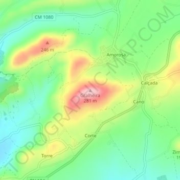 Mapa topográfico Gralheira, altitud, relieve