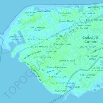 Mapa topográfico Colonia Tila, altitud, relieve